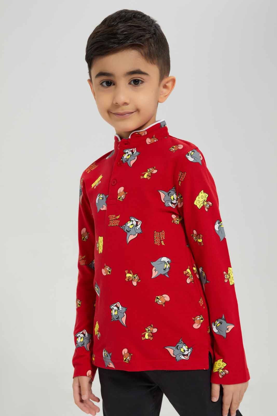 Redtag-Red-Tom-&-Jerry-Mandarin-Collar-Long-Sleeve-Polo-BOY-Polo-T-Shirts,-Category:Polo-T-Shirts,-CHR,-Colour:Red,-Deals:New-In,-Filter:Boys-(2-to-8-Yrs),-New-In-BOY-APL,-Non-Sale,-Section:Boys-(0-to-14Yrs),-TBL,-W22B-Boys-2 to 8 Years