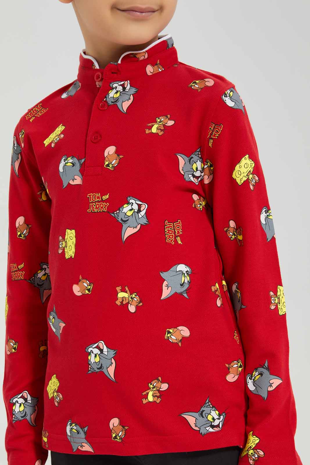 Redtag-Red-Tom-&-Jerry-Mandarin-Collar-Long-Sleeve-Polo-BOY-Polo-T-Shirts,-Category:Polo-T-Shirts,-CHR,-Colour:Red,-Deals:New-In,-Filter:Boys-(2-to-8-Yrs),-New-In-BOY-APL,-Non-Sale,-Section:Boys-(0-to-14Yrs),-TBL,-W22B-Boys-2 to 8 Years