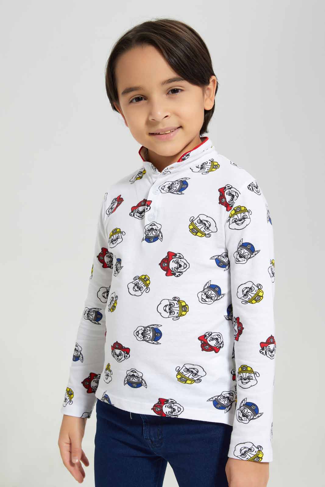 Redtag-White-Paw-Patrol-Mandarin-Collar-Long-Sleeve-Polo-BOY-Polo-T-Shirts,-Category:Polo-T-Shirts,-CHR,-Colour:White,-Deals:New-In,-Filter:Boys-(2-to-8-Yrs),-New-In-BOY-APL,-Non-Sale,-Section:Boys-(0-to-14Yrs),-TBL,-W22B-Boys-2 to 8 Years