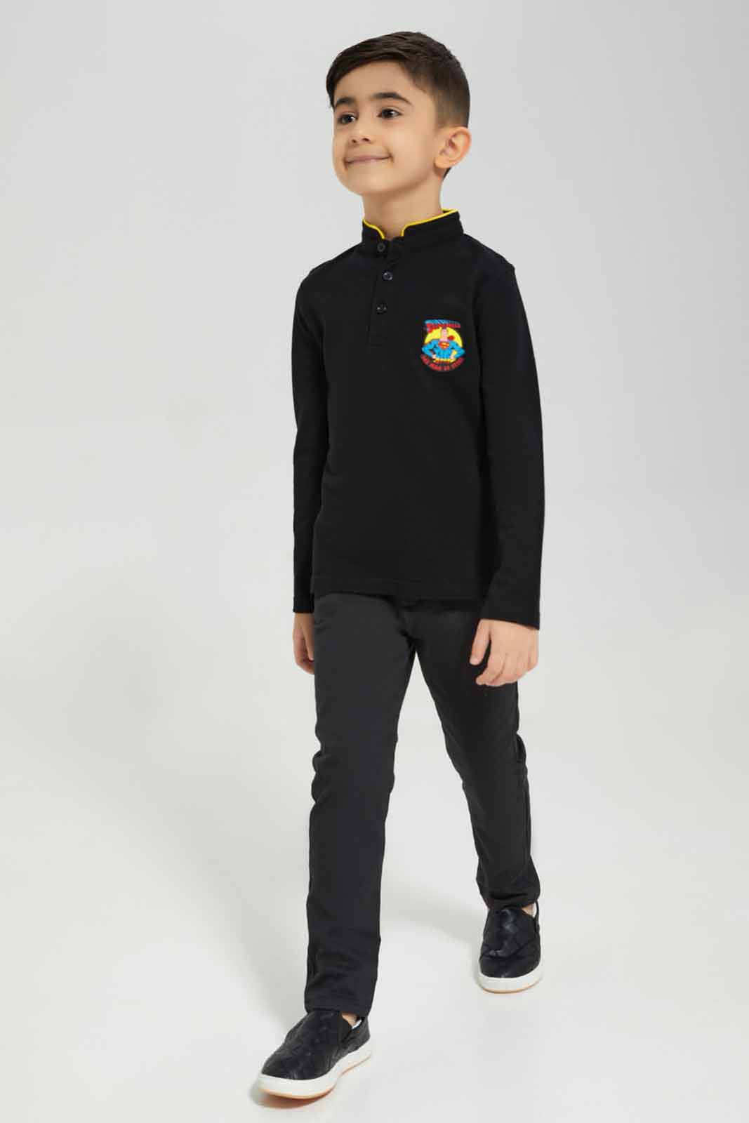 Redtag-Black-Superman-Mandarin-Collar-Long-Sleeve-Polo-BOY-Polo-T-Shirts,-BTS,-Category:Polo-T-Shirts,-CHR,-Colour:Black,-Deals:New-In,-Filter:Boys-(2-to-8-Yrs),-New-In-BOY-APL,-Non-Sale,-Section:Boys-(0-to-14Yrs),-TBL,-W22B-Boys-2 to 8 Years