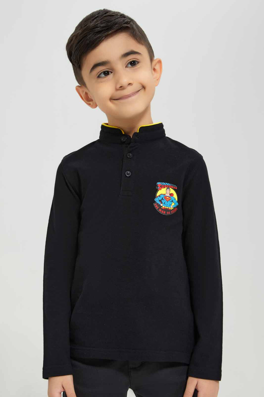 Redtag-Black-Superman-Mandarin-Collar-Long-Sleeve-Polo-BOY-Polo-T-Shirts,-BTS,-Category:Polo-T-Shirts,-CHR,-Colour:Black,-Deals:New-In,-Filter:Boys-(2-to-8-Yrs),-New-In-BOY-APL,-Non-Sale,-Section:Boys-(0-to-14Yrs),-TBL,-W22B-Boys-2 to 8 Years