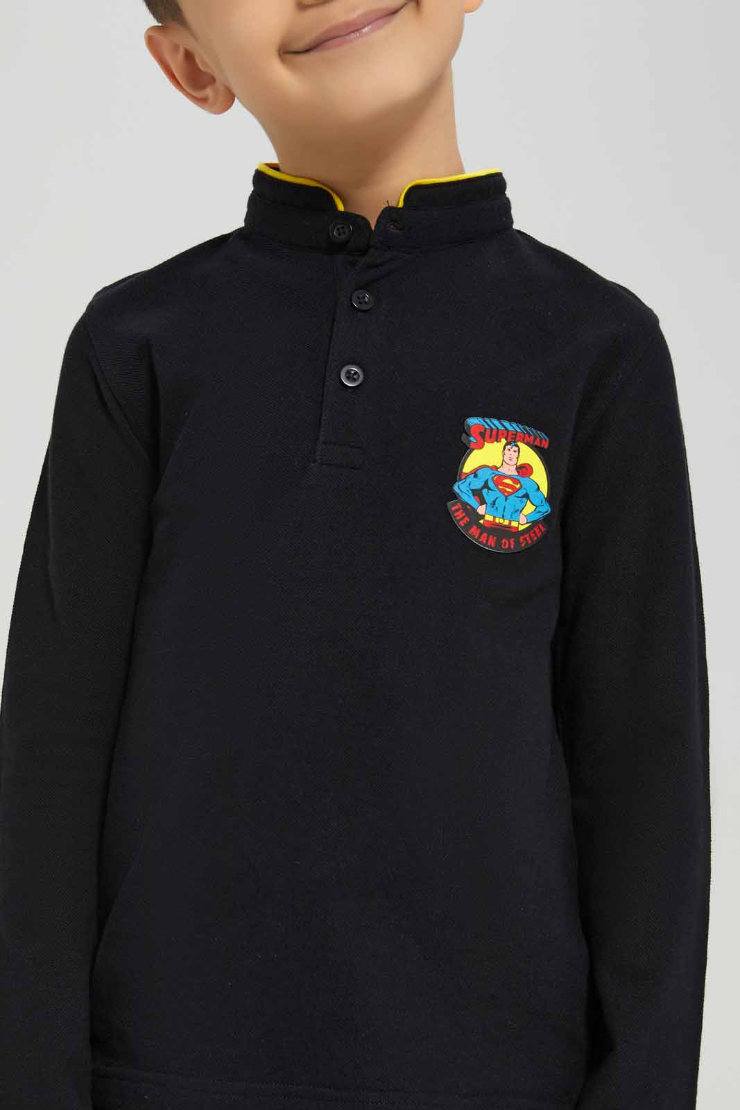 Redtag-Black-Superman-Mandarin-Collar-Long-Sleeve-Polo-BOY-Polo-T-Shirts,-BTS,-Category:Polo-T-Shirts,-CHR,-Colour:Black,-Deals:New-In,-Filter:Boys-(2-to-8-Yrs),-New-In-BOY-APL,-Non-Sale,-Section:Boys-(0-to-14Yrs),-TBL,-W22B-Boys-2 to 8 Years
