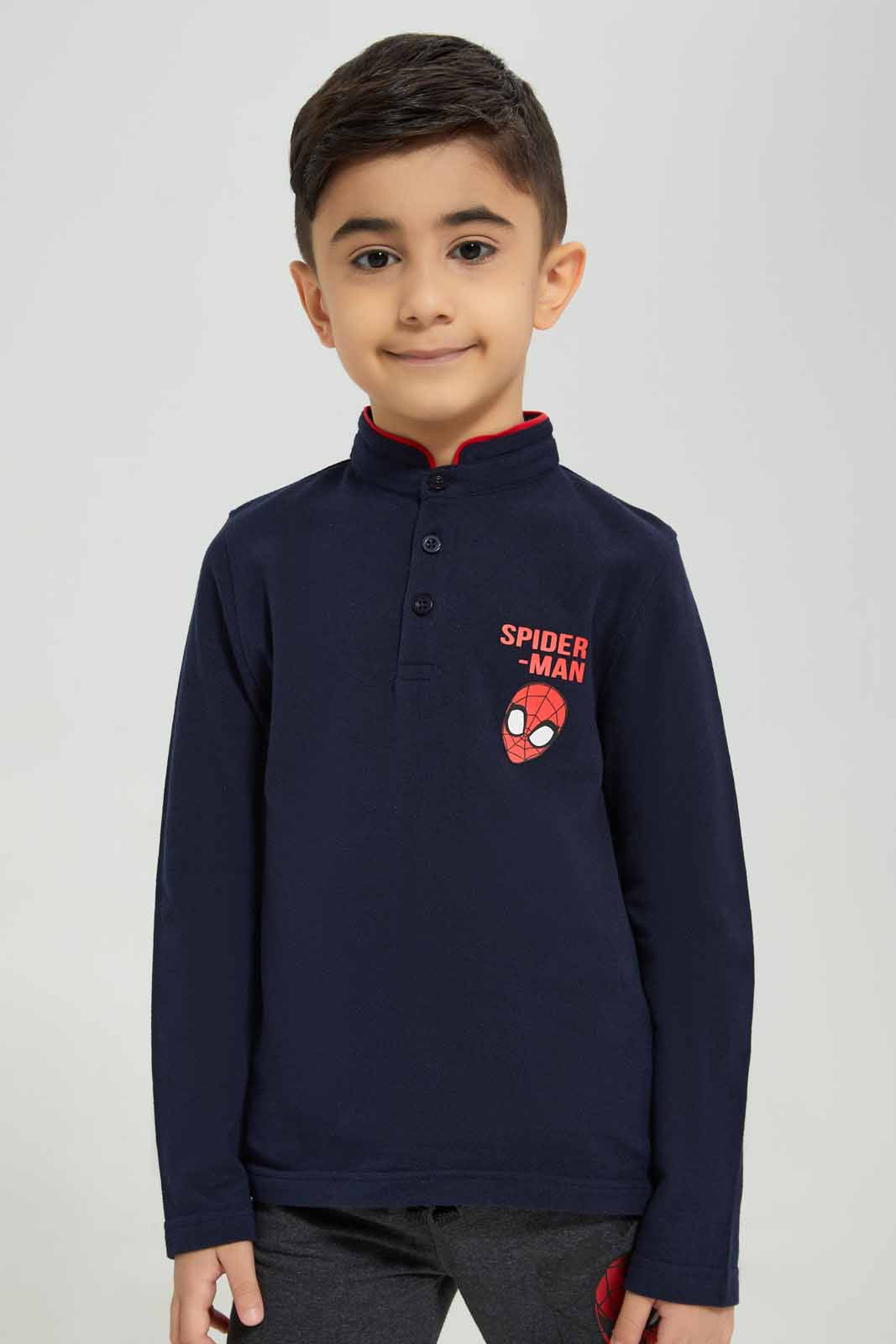 Redtag-Blue-Spideman-Mandarin-Collar-Long-Sleeve-Polo-BOY-Polo-T-Shirts,-Category:Polo-T-Shirts,-CHR,-Colour:Blue,-Deals:New-In,-Filter:Boys-(2-to-8-Yrs),-New-In-BOY-APL,-Non-Sale,-Section:Boys-(0-to-14Yrs),-TBL,-W22B-Boys-2 to 8 Years