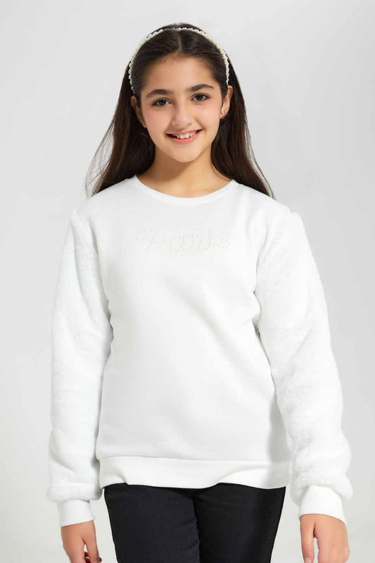 Redtag-White-Fur-On-Sleeve-Category:Sweatshirts,-Colour:White,-Deals:New-In,-EHW,-Filter:Senior-Girls-(8-to-14-Yrs),-GSR-Sweatshirts,-New-In-GSR-APL,-Non-Sale,-Section:Girls-(0-to-14Yrs),-W22B-Senior-Girls-9 to 14 Years