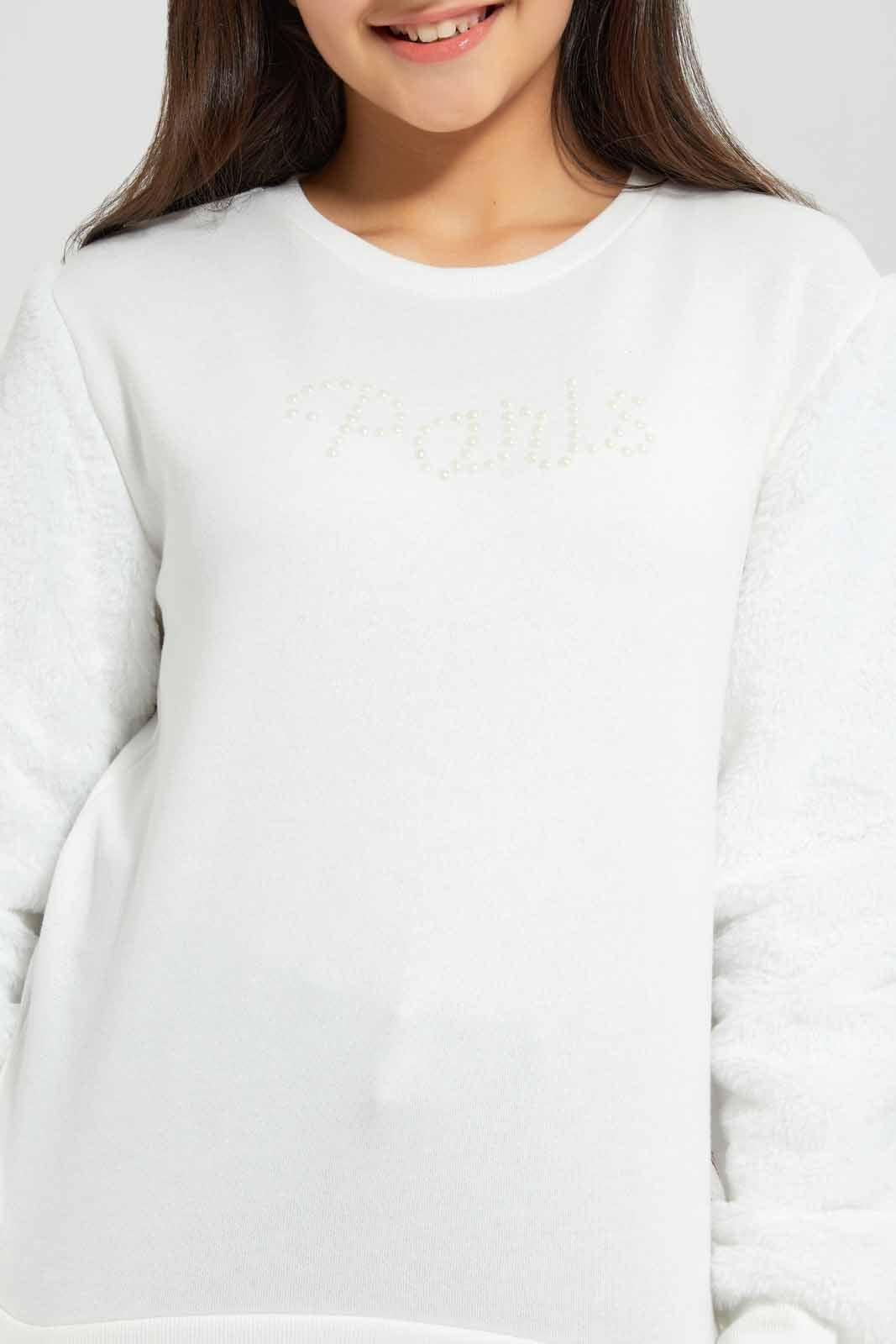 Redtag-White-Fur-On-Sleeve-Category:Sweatshirts,-Colour:White,-Deals:New-In,-EHW,-Filter:Senior-Girls-(8-to-14-Yrs),-GSR-Sweatshirts,-New-In-GSR-APL,-Non-Sale,-Section:Girls-(0-to-14Yrs),-W22B-Senior-Girls-9 to 14 Years