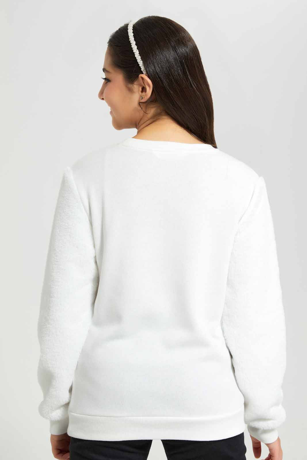 Redtag-White-Fur-On-Sleeve-Category:Sweatshirts,-Colour:White,-Deals:New-In,-EHW,-Filter:Senior-Girls-(8-to-14-Yrs),-GSR-Sweatshirts,-New-In-GSR-APL,-Non-Sale,-Section:Girls-(0-to-14Yrs),-W22B-Senior-Girls-9 to 14 Years