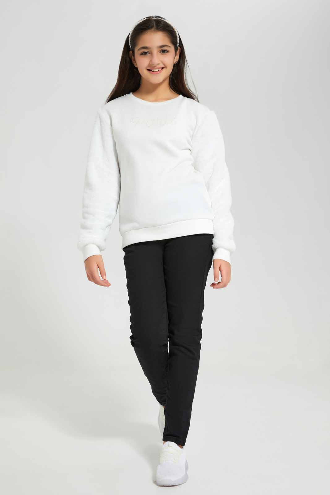Redtag-White-Fur-On-Sleeve-Category:Sweatshirts,-Colour:White,-Deals:New-In,-EHW,-Filter:Senior-Girls-(8-to-14-Yrs),-GSR-Sweatshirts,-New-In-GSR-APL,-Non-Sale,-Section:Girls-(0-to-14Yrs),-W22B-Senior-Girls-9 to 14 Years