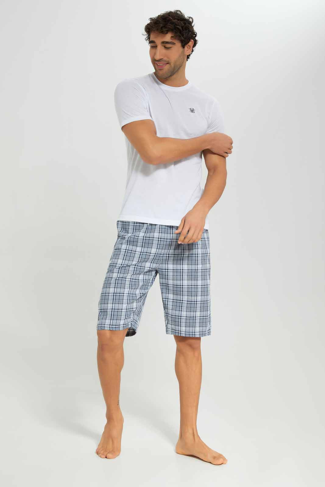 Redtag-White-Pyjama-Set-With-Check-Shorts-Category:Pyjama-Sets,-Colour:White,-Deals:New-In,-Filter:Men's-Clothing,-Men-Pyjama-Sets,-New-In-Men-APL,-Non-Sale,-Section:Men,-W22A-Men's-