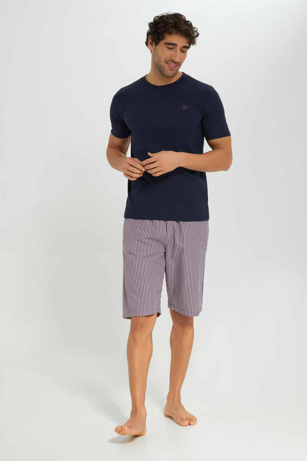 Redtag-Navy-Pyjama-Set-With-Check-Shorts-Category:Pyjama-Sets,-Colour:Navy,-Deals:New-In,-Filter:Men's-Clothing,-Men-Pyjama-Sets,-New-In-Men-APL,-Non-Sale,-Section:Men,-W22A-Men's-