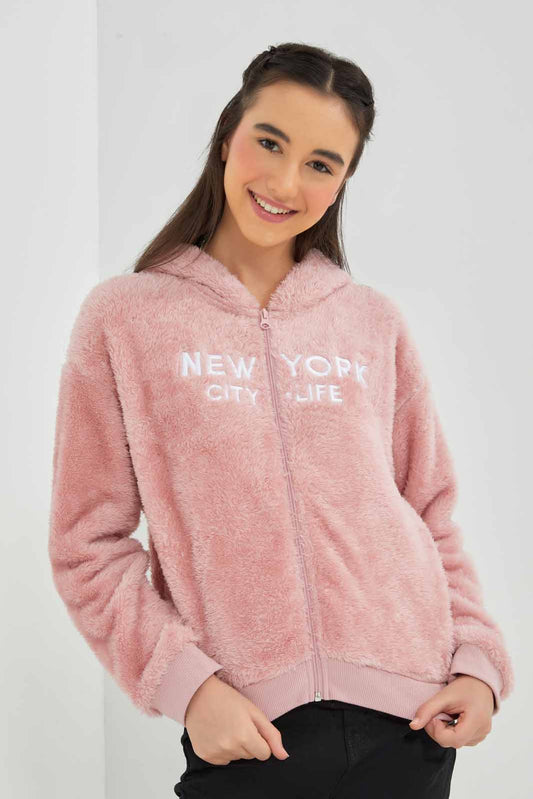 Redtag-Pink-Fur-Hoody-With-Zip-Category:Sweatshirts,-Colour:Apricot,-Deals:New-In,-EHW,-Filter:Senior-Girls-(8-to-14-Yrs),-GSR-Sweatshirts,-New-In-GSR-APL,-Non-Sale,-Section:Girls-(0-to-14Yrs),-W22B-Senior-Girls-9 to 14 Years