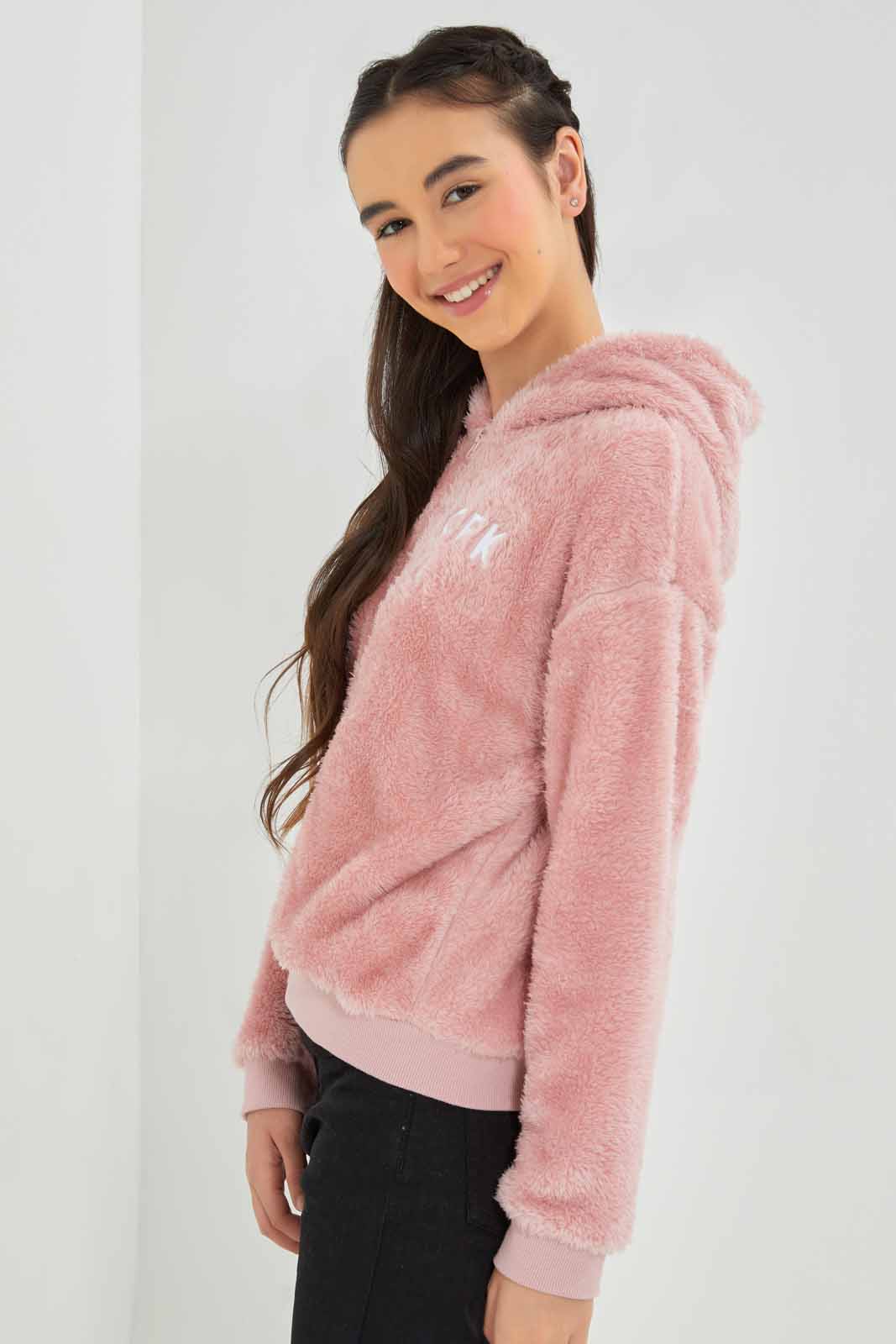 Redtag-Pink-Fur-Hoody-With-Zip-Category:Sweatshirts,-Colour:Apricot,-Deals:New-In,-EHW,-Filter:Senior-Girls-(8-to-14-Yrs),-GSR-Sweatshirts,-New-In-GSR-APL,-Non-Sale,-Section:Girls-(0-to-14Yrs),-W22B-Senior-Girls-9 to 14 Years