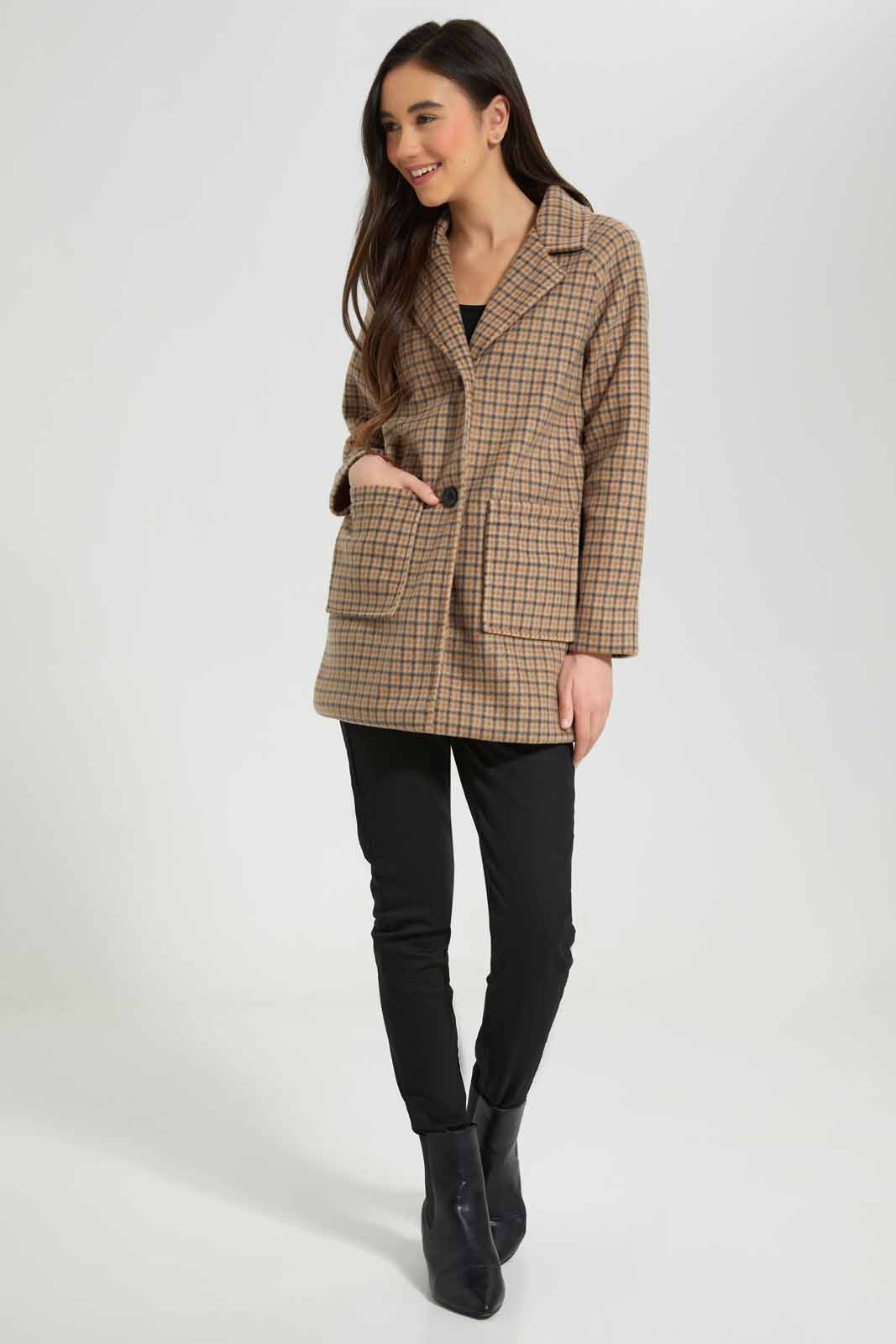 Redtag-Black/-Brown-Plaid-Melton-Category:Jackets,-Colour:Assorted,-Deals:New-In,-EHW,-Filter:Senior-Girls-(8-to-14-Yrs),-GSR-Jackets,-New-In-GSR-APL,-Non-Sale,-Section:Girls-(0-to-14Yrs),-W22B-Senior-Girls-9 to 14 Years
