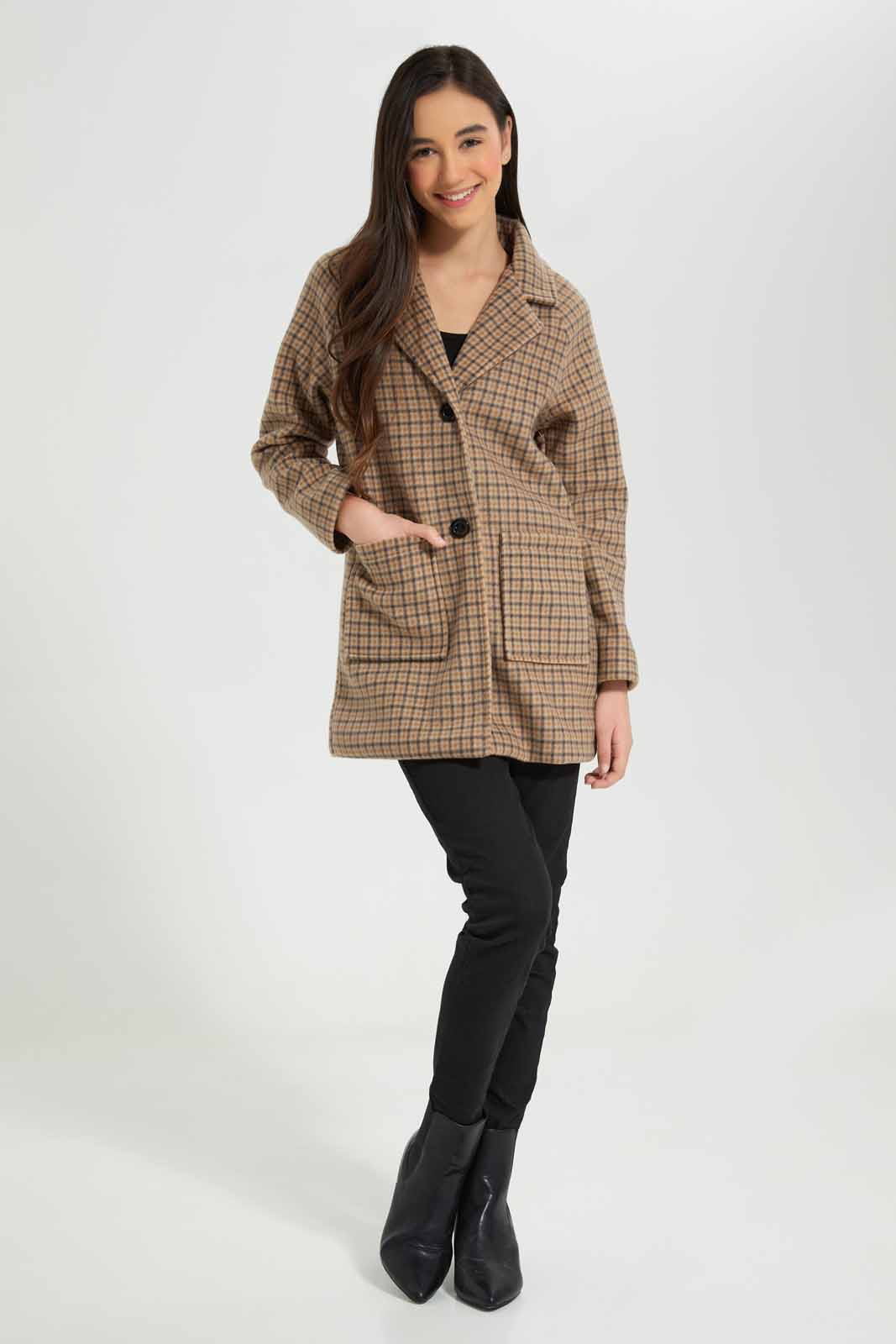 Redtag-Black/-Brown-Plaid-Melton-Category:Jackets,-Colour:Assorted,-Deals:New-In,-EHW,-Filter:Senior-Girls-(8-to-14-Yrs),-GSR-Jackets,-New-In-GSR-APL,-Non-Sale,-Section:Girls-(0-to-14Yrs),-W22B-Senior-Girls-9 to 14 Years