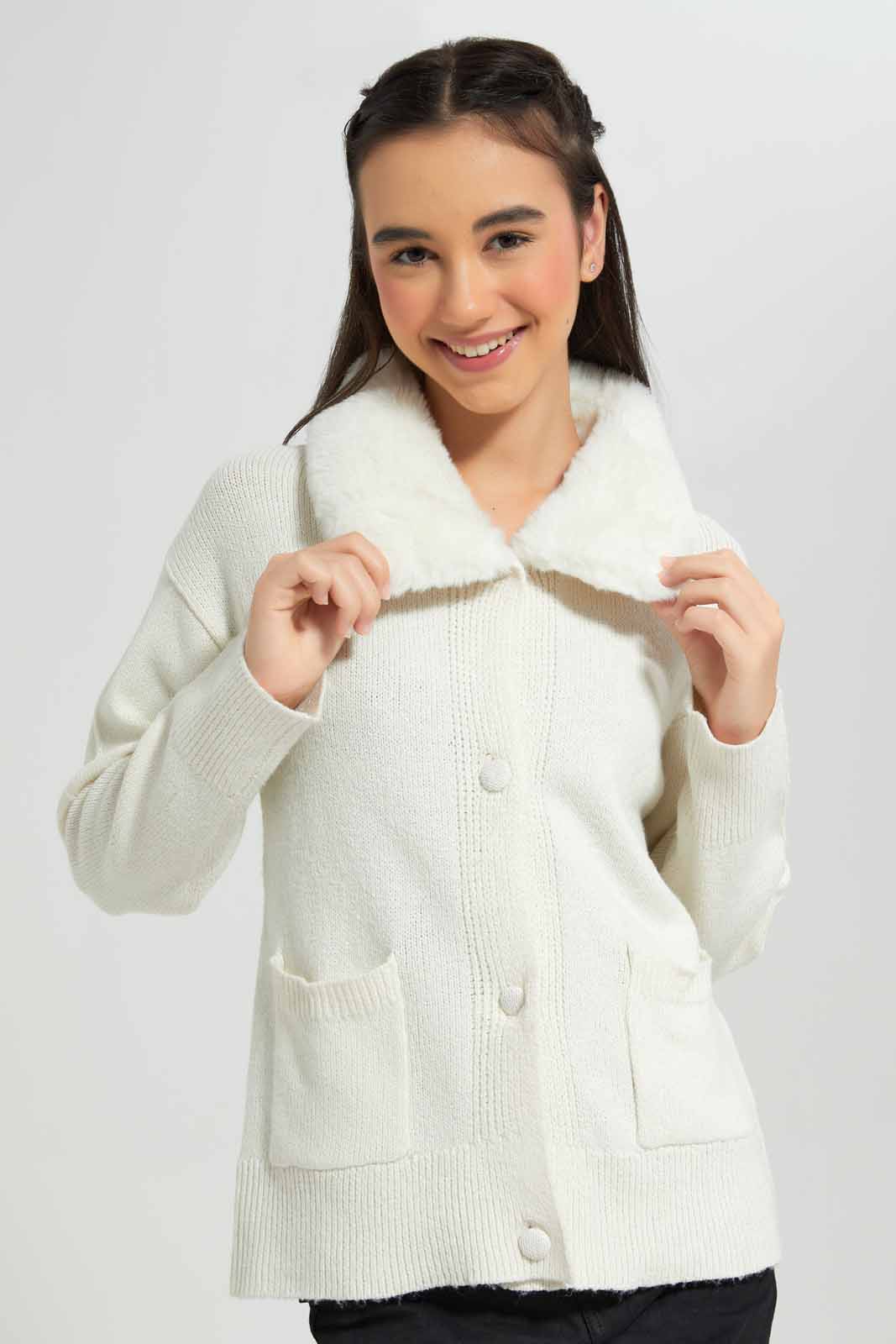 Redtag-White-Cardigan-With-Fur-Category:Cardigans,-Colour:White,-Deals:New-In,-EHW,-Filter:Senior-Girls-(8-to-14-Yrs),-GSR-Cardigans,-New-In-GSR-APL,-Non-Sale,-Section:Girls-(0-to-14Yrs),-W22B-Senior-Girls-9 to 14 Years