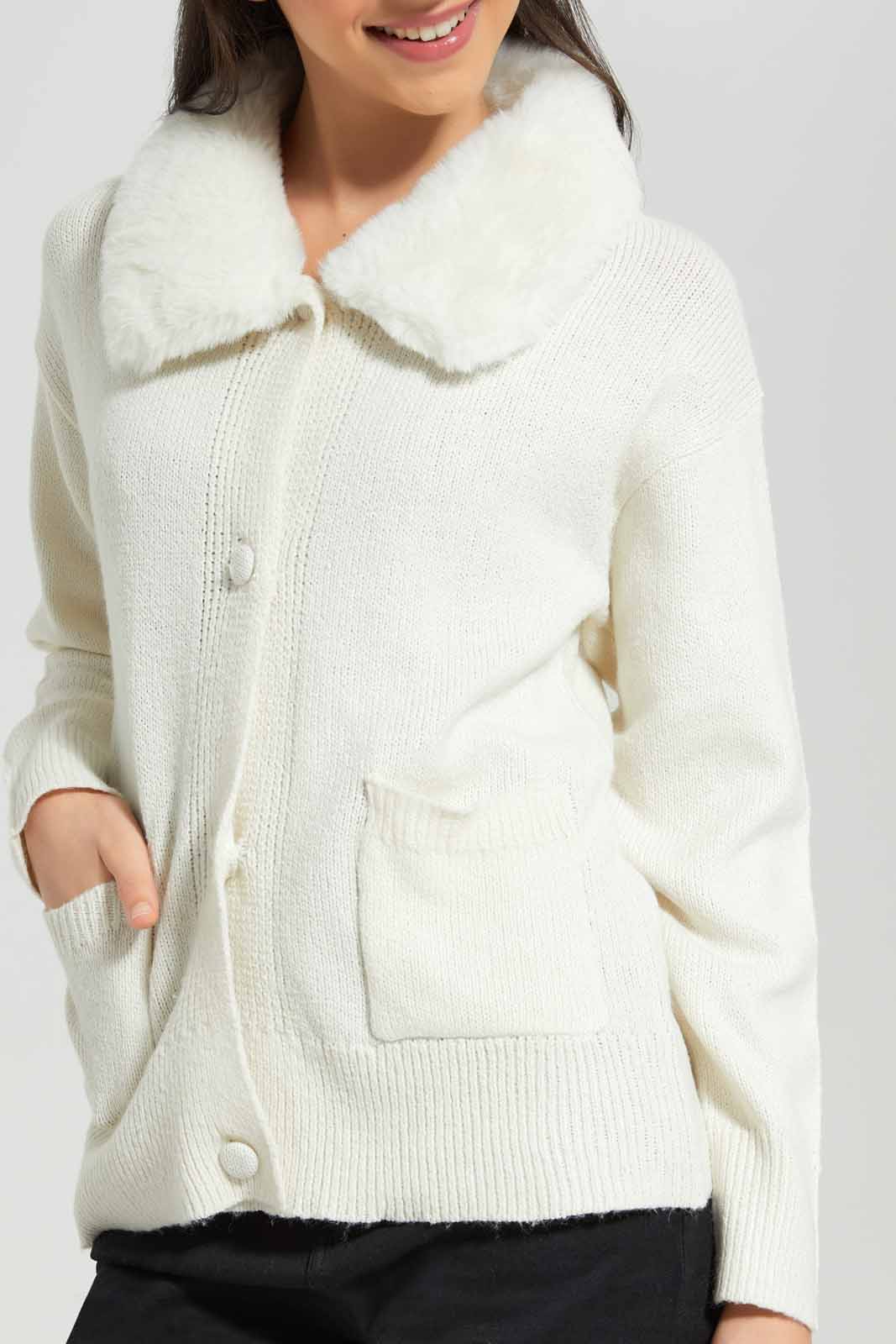 Redtag-White-Cardigan-With-Fur-Category:Cardigans,-Colour:White,-Deals:New-In,-EHW,-Filter:Senior-Girls-(8-to-14-Yrs),-GSR-Cardigans,-New-In-GSR-APL,-Non-Sale,-Section:Girls-(0-to-14Yrs),-W22B-Senior-Girls-9 to 14 Years