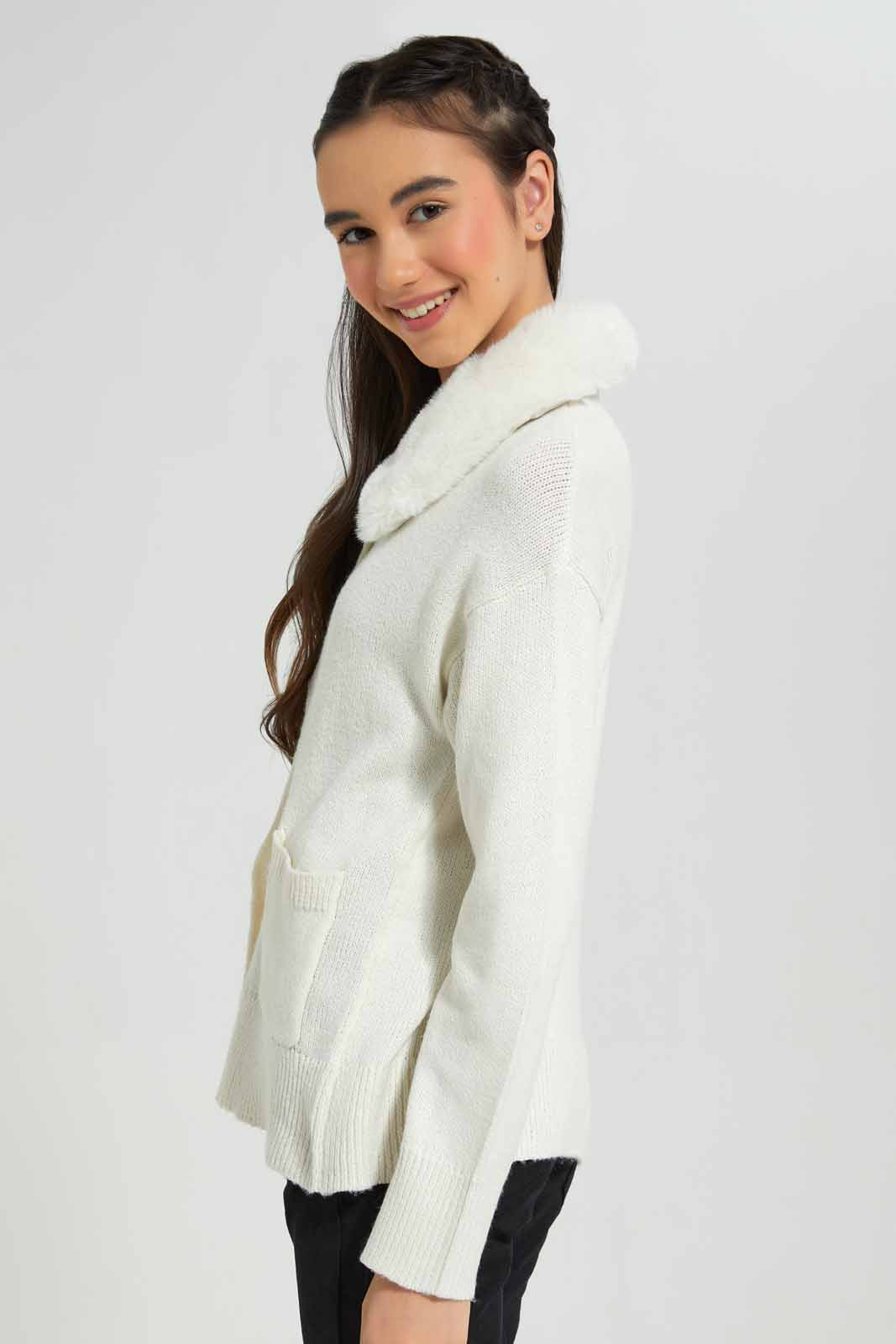 Redtag-White-Cardigan-With-Fur-Category:Cardigans,-Colour:White,-Deals:New-In,-EHW,-Filter:Senior-Girls-(8-to-14-Yrs),-GSR-Cardigans,-New-In-GSR-APL,-Non-Sale,-Section:Girls-(0-to-14Yrs),-W22B-Senior-Girls-9 to 14 Years