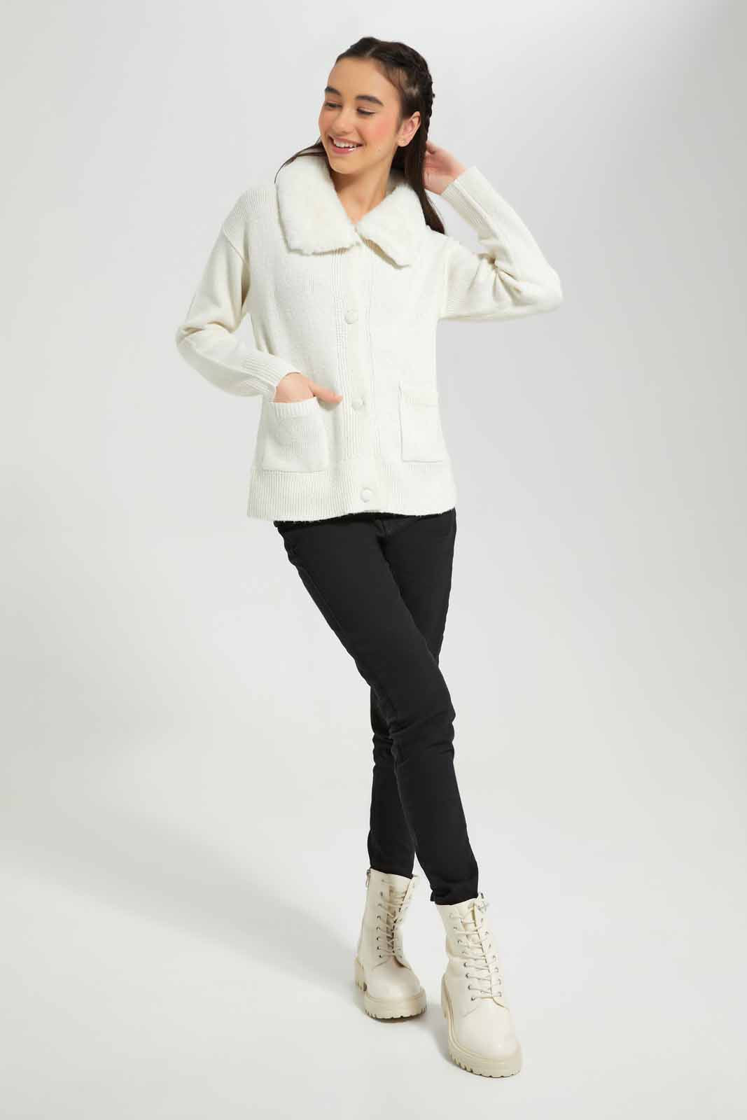Redtag-White-Cardigan-With-Fur-Category:Cardigans,-Colour:White,-Deals:New-In,-EHW,-Filter:Senior-Girls-(8-to-14-Yrs),-GSR-Cardigans,-New-In-GSR-APL,-Non-Sale,-Section:Girls-(0-to-14Yrs),-W22B-Senior-Girls-9 to 14 Years