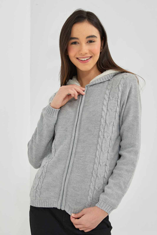Redtag-Grey-Melange-Zipper-Front-With-Sherpa-Lining-Category:Cardigans,-Colour:Grey,-Deals:New-In,-EHW,-Filter:Senior-Girls-(8-to-14-Yrs),-GSR-Cardigans,-New-In-GSR-APL,-Non-Sale,-Section:Girls-(0-to-14Yrs),-W22B-Senior-Girls-9 to 14 Years
