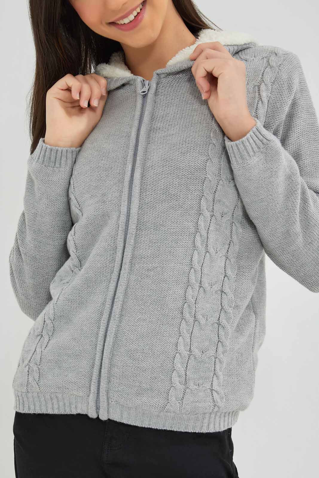 Redtag-Grey-Melange-Zipper-Front-With-Sherpa-Lining-Category:Cardigans,-Colour:Grey,-Deals:New-In,-EHW,-Filter:Senior-Girls-(8-to-14-Yrs),-GSR-Cardigans,-New-In-GSR-APL,-Non-Sale,-Section:Girls-(0-to-14Yrs),-W22B-Senior-Girls-9 to 14 Years
