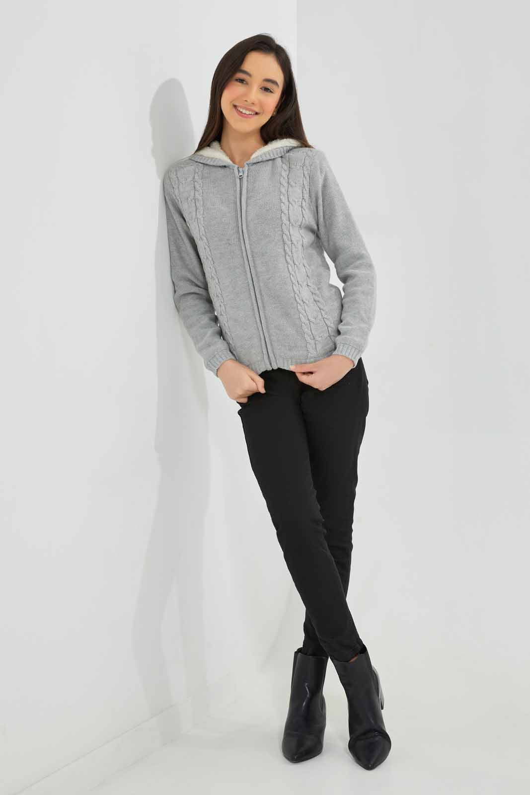 Redtag-Grey-Melange-Zipper-Front-With-Sherpa-Lining-Category:Cardigans,-Colour:Grey,-Deals:New-In,-EHW,-Filter:Senior-Girls-(8-to-14-Yrs),-GSR-Cardigans,-New-In-GSR-APL,-Non-Sale,-Section:Girls-(0-to-14Yrs),-W22B-Senior-Girls-9 to 14 Years