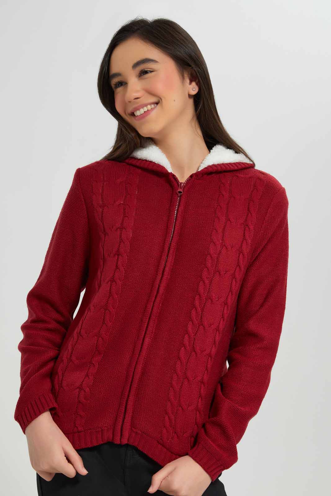 Redtag-Burgundy-Zipper-Front-With-Sherpa-Lining-Category:Cardigans,-Colour:Burgundy,-Deals:New-In,-EHW,-Filter:Senior-Girls-(8-to-14-Yrs),-GSR-Cardigans,-New-In-GSR-APL,-Non-Sale,-Section:Girls-(0-to-14Yrs),-W22B-Senior-Girls-9 to 14 Years