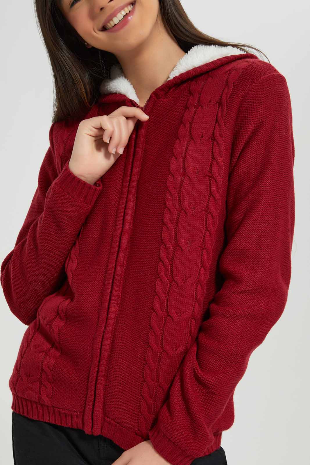 Redtag-Burgundy-Zipper-Front-With-Sherpa-Lining-Category:Cardigans,-Colour:Burgundy,-Deals:New-In,-EHW,-Filter:Senior-Girls-(8-to-14-Yrs),-GSR-Cardigans,-New-In-GSR-APL,-Non-Sale,-Section:Girls-(0-to-14Yrs),-W22B-Senior-Girls-9 to 14 Years