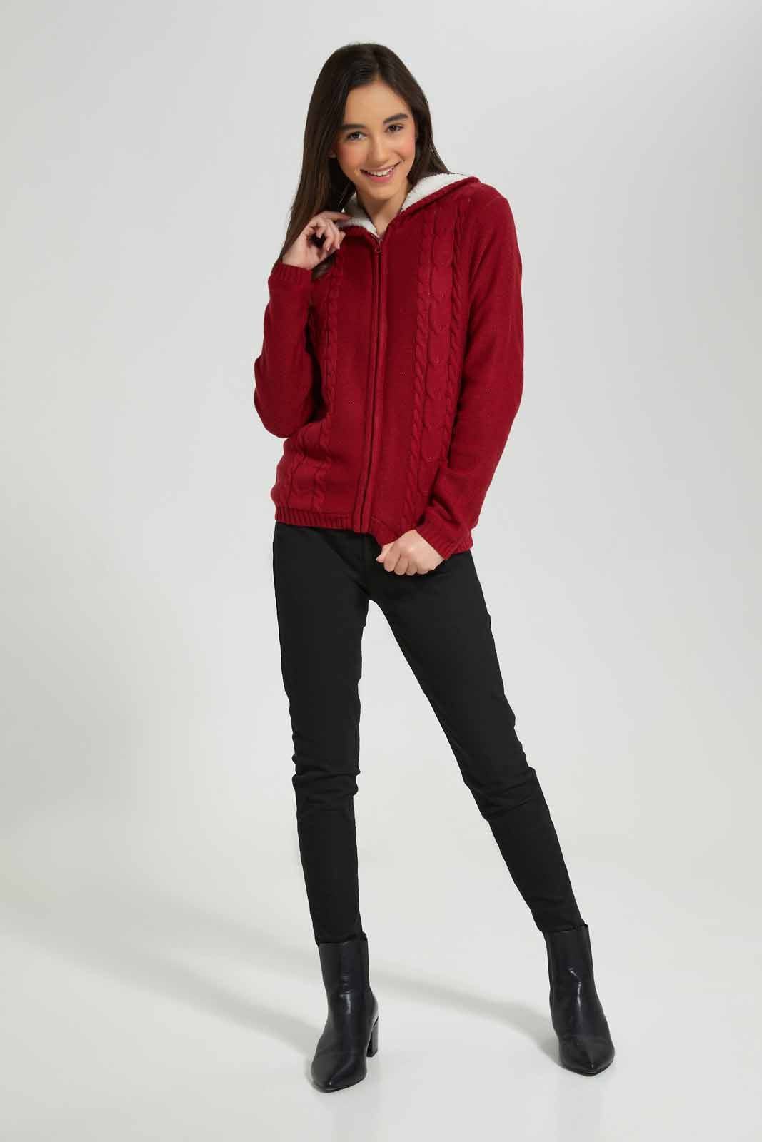 Redtag-Burgundy-Zipper-Front-With-Sherpa-Lining-Category:Cardigans,-Colour:Burgundy,-Deals:New-In,-EHW,-Filter:Senior-Girls-(8-to-14-Yrs),-GSR-Cardigans,-New-In-GSR-APL,-Non-Sale,-Section:Girls-(0-to-14Yrs),-W22B-Senior-Girls-9 to 14 Years