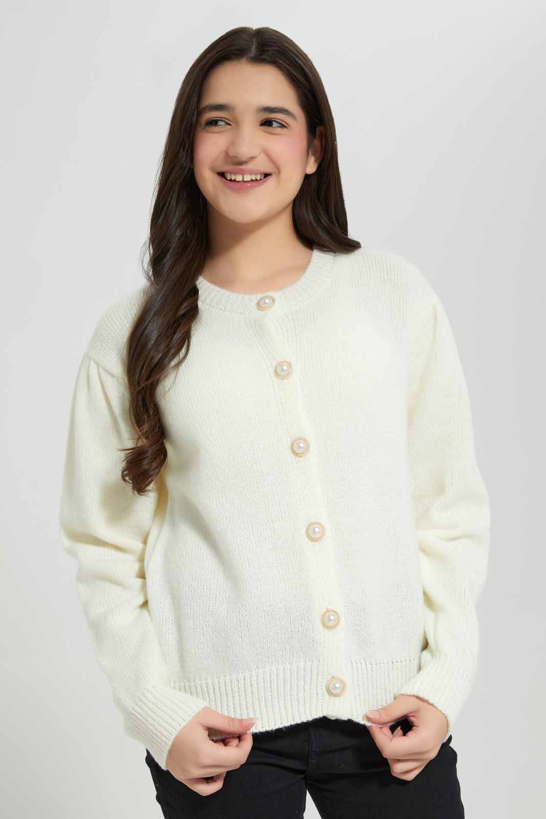 Redtag-Cream-Button-Front-Cardigan-Category:Cardigans,-Colour:White,-Deals:New-In,-EHW,-Filter:Senior-Girls-(8-to-14-Yrs),-GSR-Cardigans,-New-In-GSR-APL,-Non-Sale,-Section:Girls-(0-to-14Yrs),-W22B-Senior-Girls-9 to 14 Years
