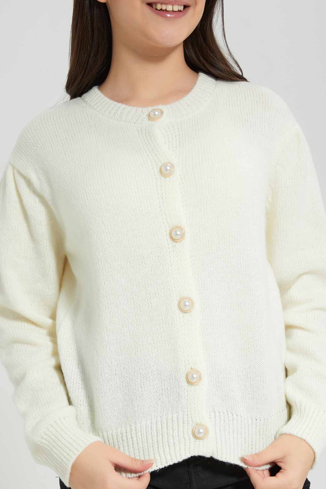 Redtag-Cream-Button-Front-Cardigan-Category:Cardigans,-Colour:White,-Deals:New-In,-EHW,-Filter:Senior-Girls-(8-to-14-Yrs),-GSR-Cardigans,-New-In-GSR-APL,-Non-Sale,-Section:Girls-(0-to-14Yrs),-W22B-Senior-Girls-9 to 14 Years