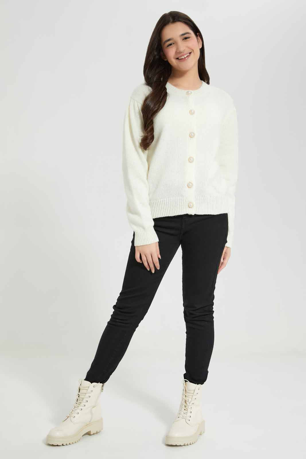 Redtag-Cream-Button-Front-Cardigan-Category:Cardigans,-Colour:White,-Deals:New-In,-EHW,-Filter:Senior-Girls-(8-to-14-Yrs),-GSR-Cardigans,-New-In-GSR-APL,-Non-Sale,-Section:Girls-(0-to-14Yrs),-W22B-Senior-Girls-9 to 14 Years
