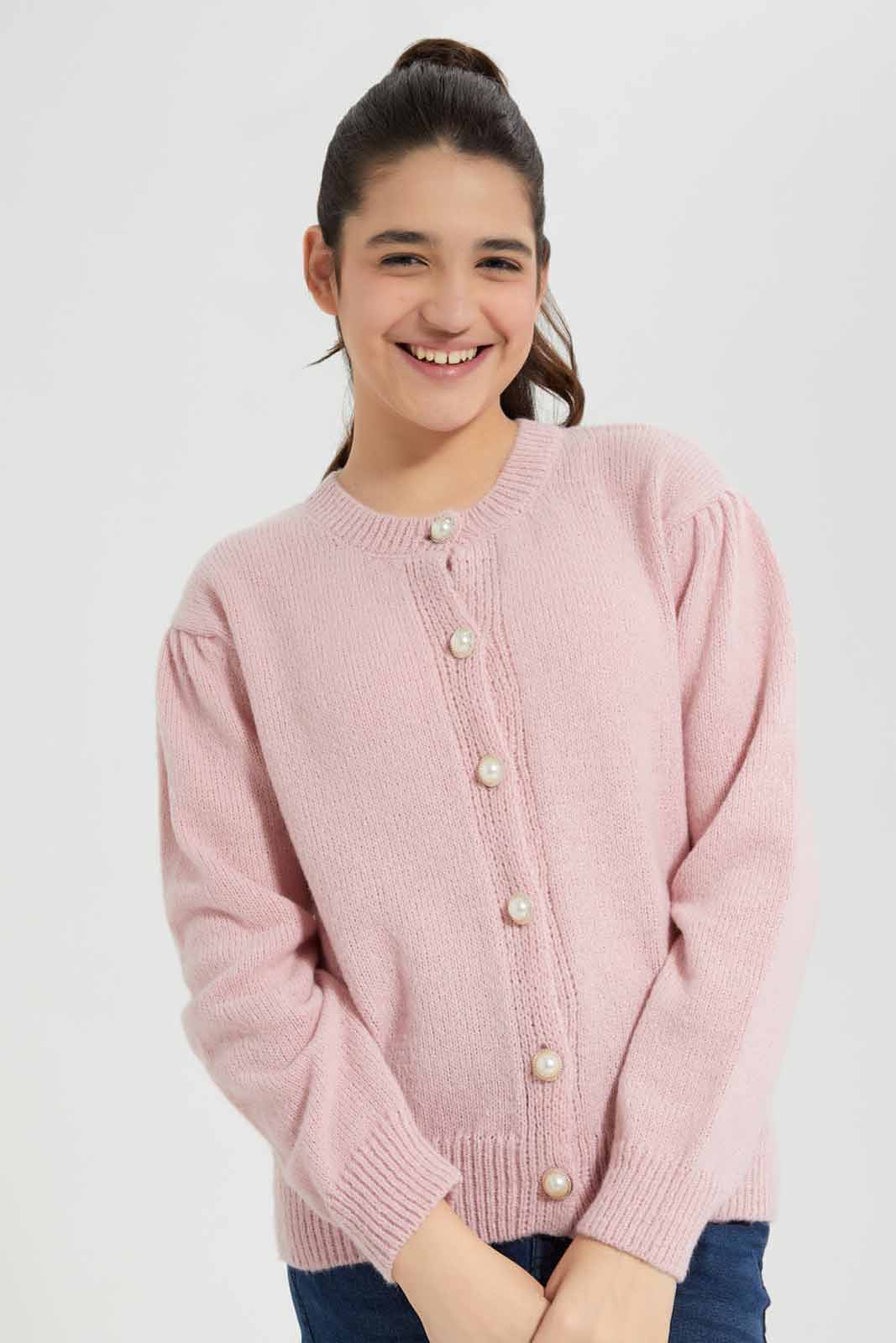 Redtag-Pink-Button-Front-Cardigan-Category:Cardigans,-Colour:Apricot,-Deals:New-In,-EHW,-Filter:Senior-Girls-(8-to-14-Yrs),-GSR-Cardigans,-New-In-GSR-APL,-Non-Sale,-Section:Girls-(0-to-14Yrs),-W22B-Senior-Girls-9 to 14 Years