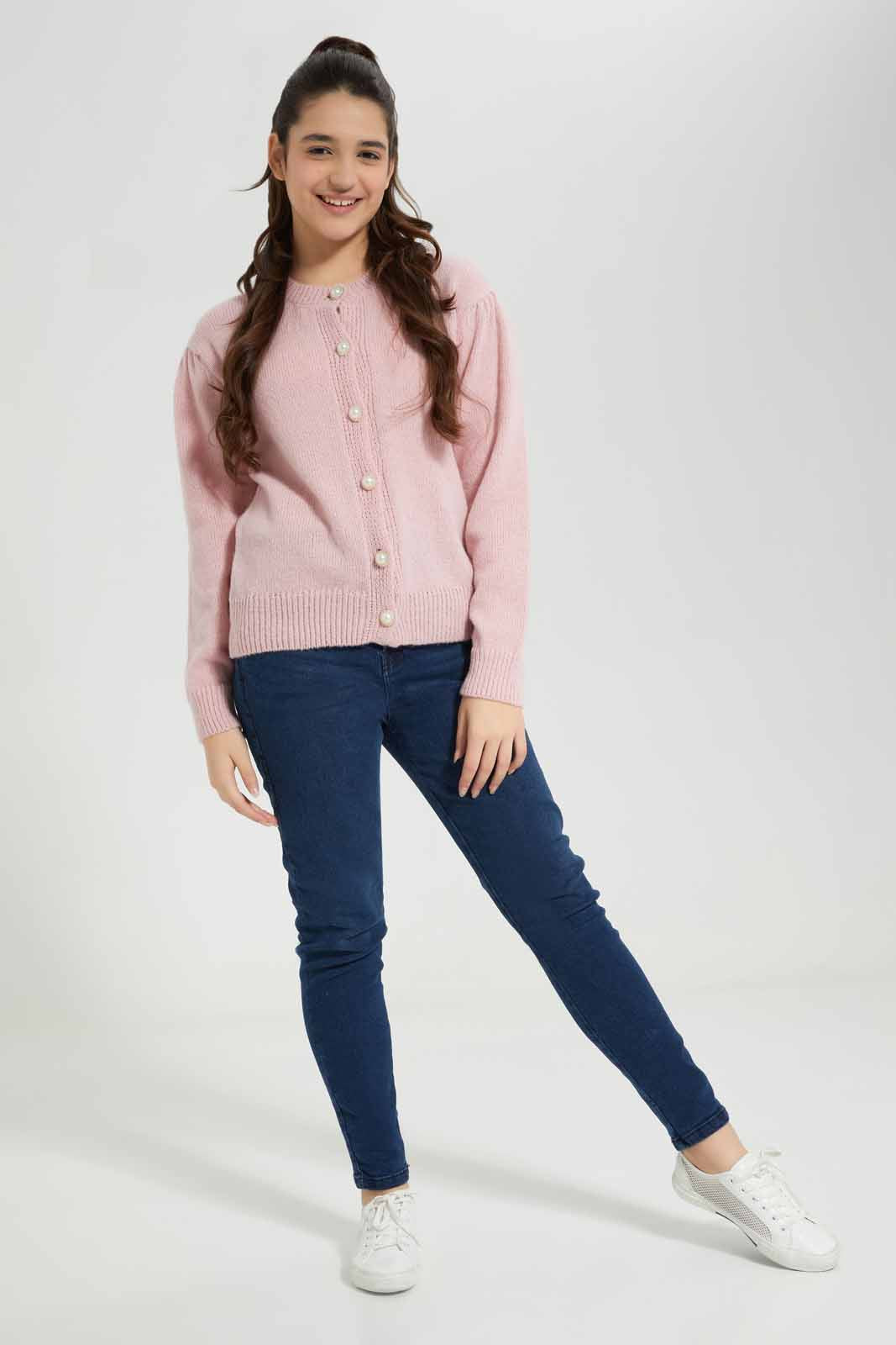 Redtag-Pink-Button-Front-Cardigan-Category:Cardigans,-Colour:Apricot,-Deals:New-In,-EHW,-Filter:Senior-Girls-(8-to-14-Yrs),-GSR-Cardigans,-New-In-GSR-APL,-Non-Sale,-Section:Girls-(0-to-14Yrs),-W22B-Senior-Girls-9 to 14 Years