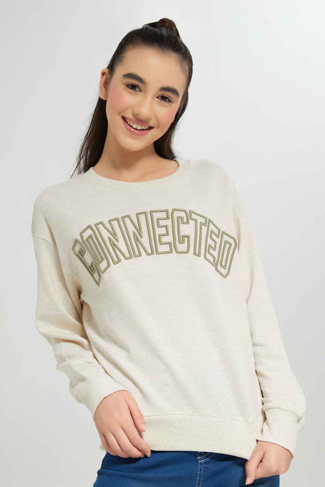 Redtag-Beige-Oatmeal-Melange-Embroired-Sweatshirts-Category:Sweatshirts,-Colour:Beige,-Deals:New-In,-Dept:Girls,-Filter:Senior-Girls-(8-to-14-Yrs),-GSR-Sweatshirts,-New-In-GSR-APL,-Non-Sale,-Section:Girls-(0-to-14Yrs),-W22B-Senior-Girls-9 to 14 Years