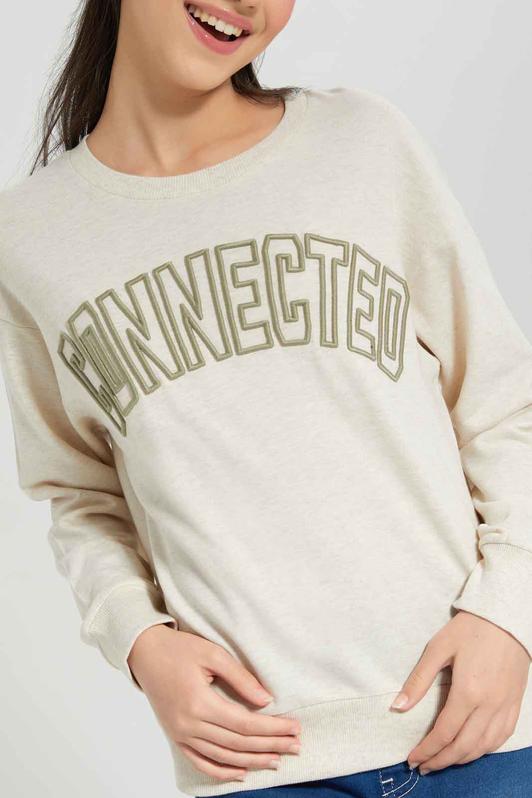 Redtag-Beige-Oatmeal-Melange-Embroired-Sweatshirts-Category:Sweatshirts,-Colour:Beige,-Deals:New-In,-Dept:Girls,-Filter:Senior-Girls-(8-to-14-Yrs),-GSR-Sweatshirts,-New-In-GSR-APL,-Non-Sale,-Section:Girls-(0-to-14Yrs),-W22B-Senior-Girls-9 to 14 Years