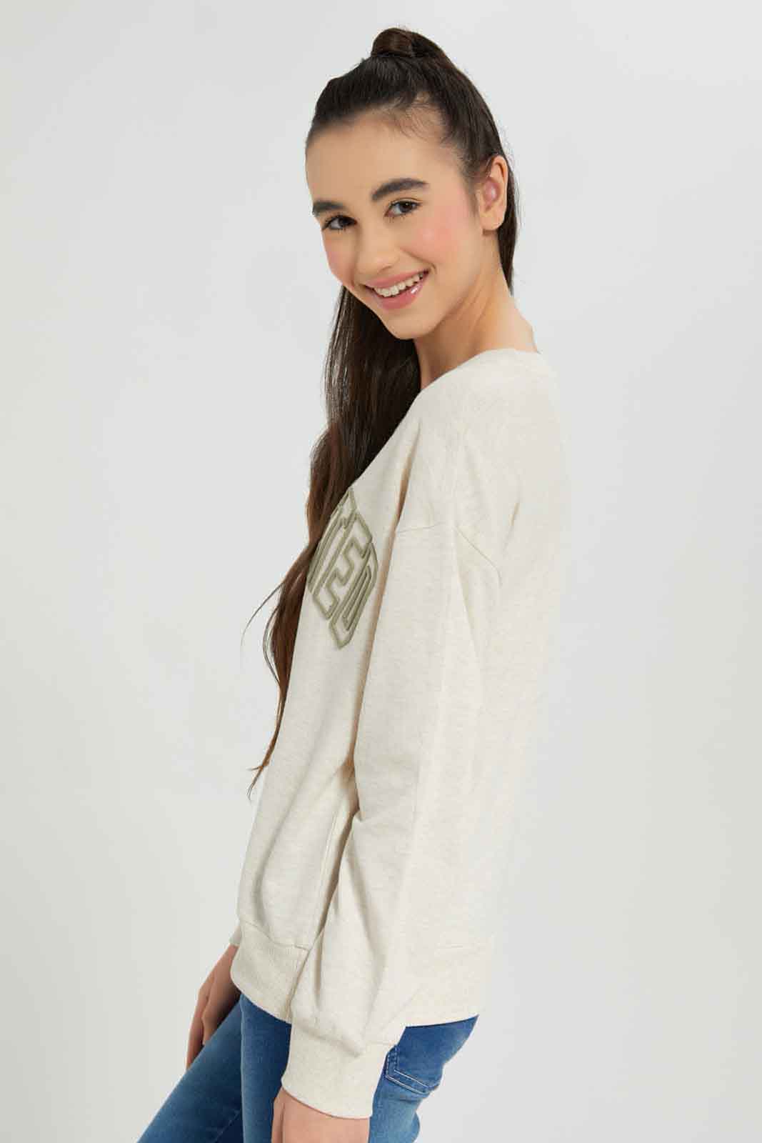 Redtag-Beige-Oatmeal-Melange-Embroired-Sweatshirts-Category:Sweatshirts,-Colour:Beige,-Deals:New-In,-Dept:Girls,-Filter:Senior-Girls-(8-to-14-Yrs),-GSR-Sweatshirts,-New-In-GSR-APL,-Non-Sale,-Section:Girls-(0-to-14Yrs),-W22B-Senior-Girls-9 to 14 Years