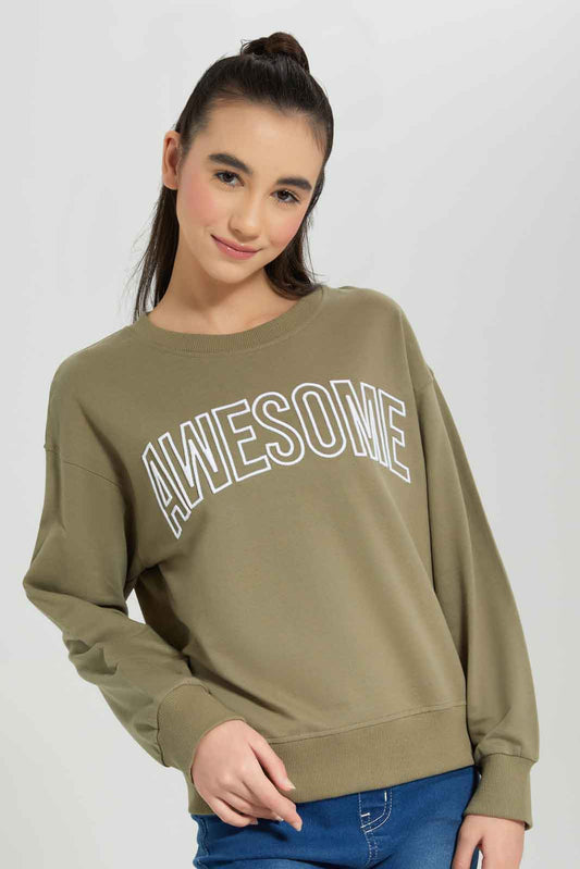Redtag-Olive-Embroired-Sweatshirts-Category:Sweatshirts,-Colour:Olive,-Deals:New-In,-Dept:Girls,-Filter:Senior-Girls-(8-to-14-Yrs),-GSR-Sweatshirts,-New-In-GSR-APL,-Non-Sale,-Section:Girls-(0-to-14Yrs),-W22B-Senior-Girls-9 to 14 Years