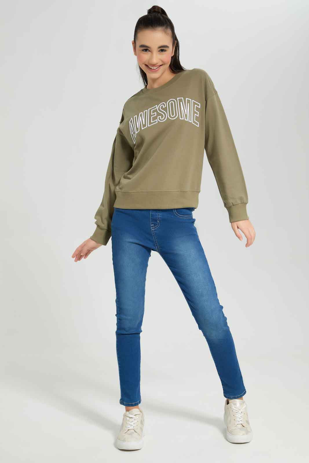 Redtag-Olive-Embroired-Sweatshirts-Category:Sweatshirts,-Colour:Olive,-Deals:New-In,-Dept:Girls,-Filter:Senior-Girls-(8-to-14-Yrs),-GSR-Sweatshirts,-New-In-GSR-APL,-Non-Sale,-Section:Girls-(0-to-14Yrs),-W22B-Senior-Girls-9 to 14 Years
