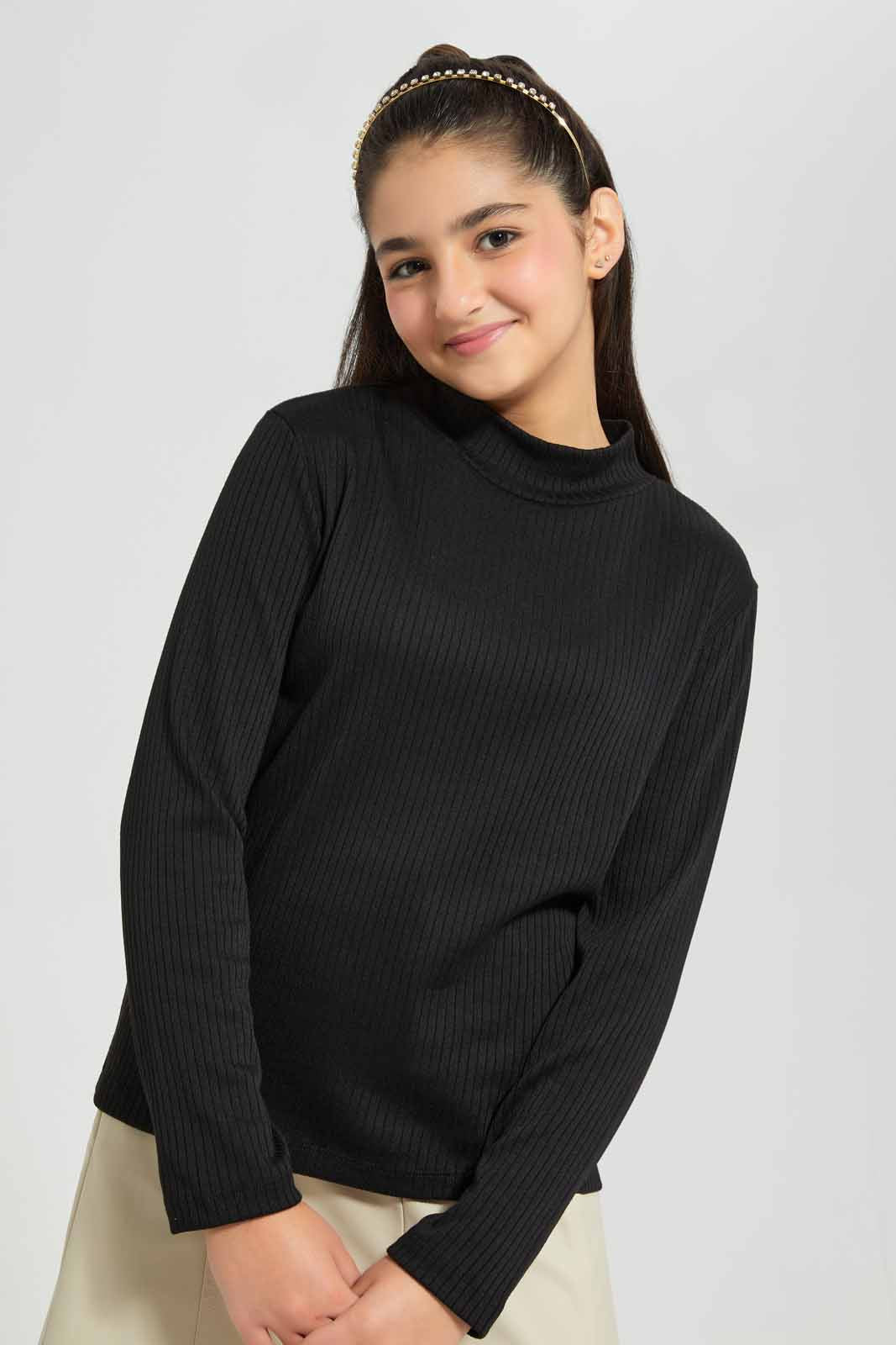 Redtag-Black-Rib-Highneck-Top-Category:T-Shirts,-Colour:Black,-Deals:New-In,-Filter:Senior-Girls-(8-to-14-Yrs),-GSR-T-Shirts,-New-In-GSR-APL,-Non-Sale,-Section:Girls-(0-to-14Yrs),-TBL,-W22B-Senior-Girls-9 to 14 Years