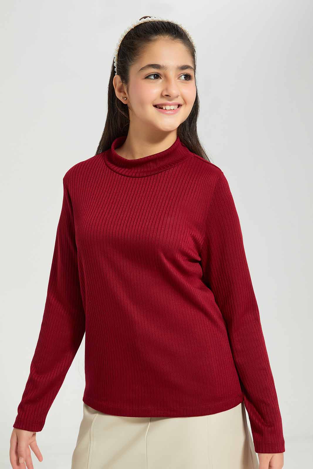 Redtag-Burgundy-Rib-Highneck-Top-Category:T-Shirts,-Colour:Burgundy,-Deals:New-In,-Filter:Senior-Girls-(8-to-14-Yrs),-GSR-T-Shirts,-New-In-GSR-APL,-Non-Sale,-Section:Girls-(0-to-14Yrs),-TBL,-W22B-Senior-Girls-9 to 14 Years