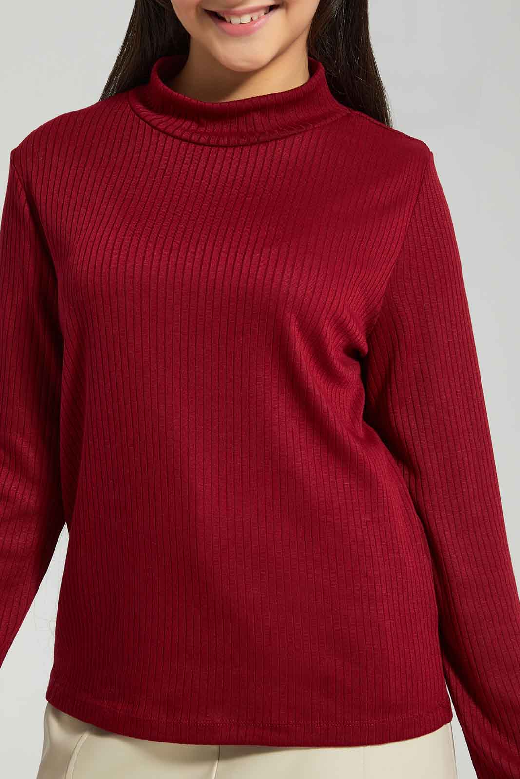 Redtag-Burgundy-Rib-Highneck-Top-Category:T-Shirts,-Colour:Burgundy,-Deals:New-In,-Filter:Senior-Girls-(8-to-14-Yrs),-GSR-T-Shirts,-New-In-GSR-APL,-Non-Sale,-Section:Girls-(0-to-14Yrs),-TBL,-W22B-Senior-Girls-9 to 14 Years
