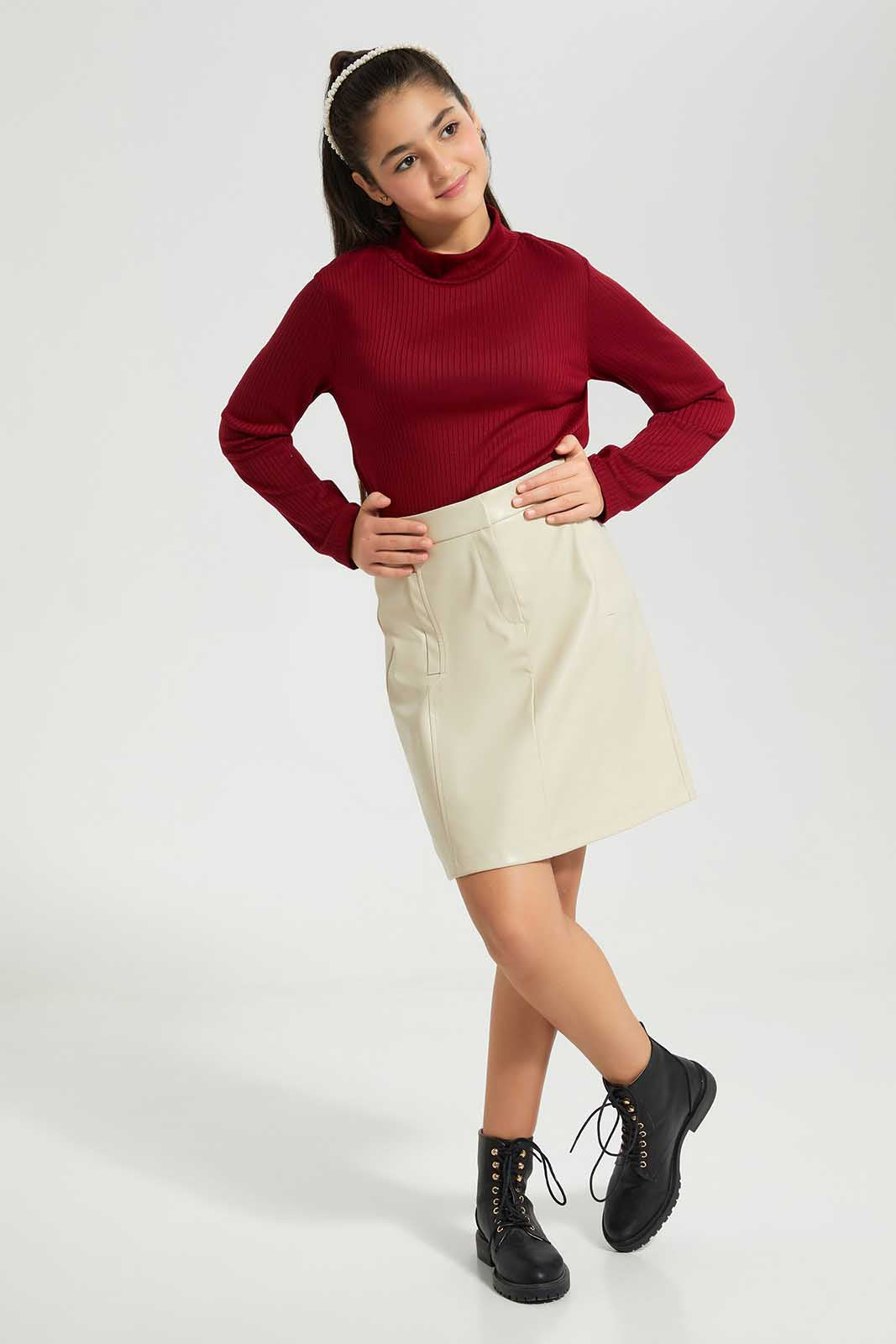 Redtag-Burgundy-Rib-Highneck-Top-Category:T-Shirts,-Colour:Burgundy,-Deals:New-In,-Filter:Senior-Girls-(8-to-14-Yrs),-GSR-T-Shirts,-New-In-GSR-APL,-Non-Sale,-Section:Girls-(0-to-14Yrs),-TBL,-W22B-Senior-Girls-9 to 14 Years