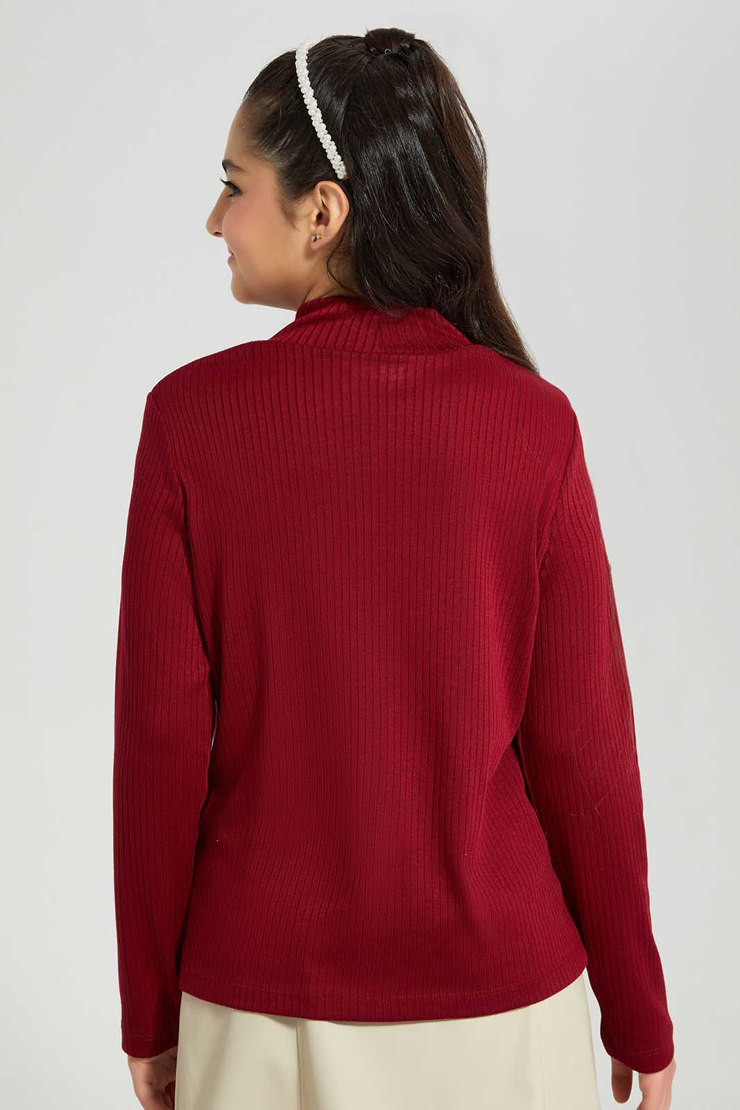 Redtag-Burgundy-Rib-Highneck-Top-Category:T-Shirts,-Colour:Burgundy,-Deals:New-In,-Filter:Senior-Girls-(8-to-14-Yrs),-GSR-T-Shirts,-New-In-GSR-APL,-Non-Sale,-Section:Girls-(0-to-14Yrs),-TBL,-W22B-Senior-Girls-9 to 14 Years