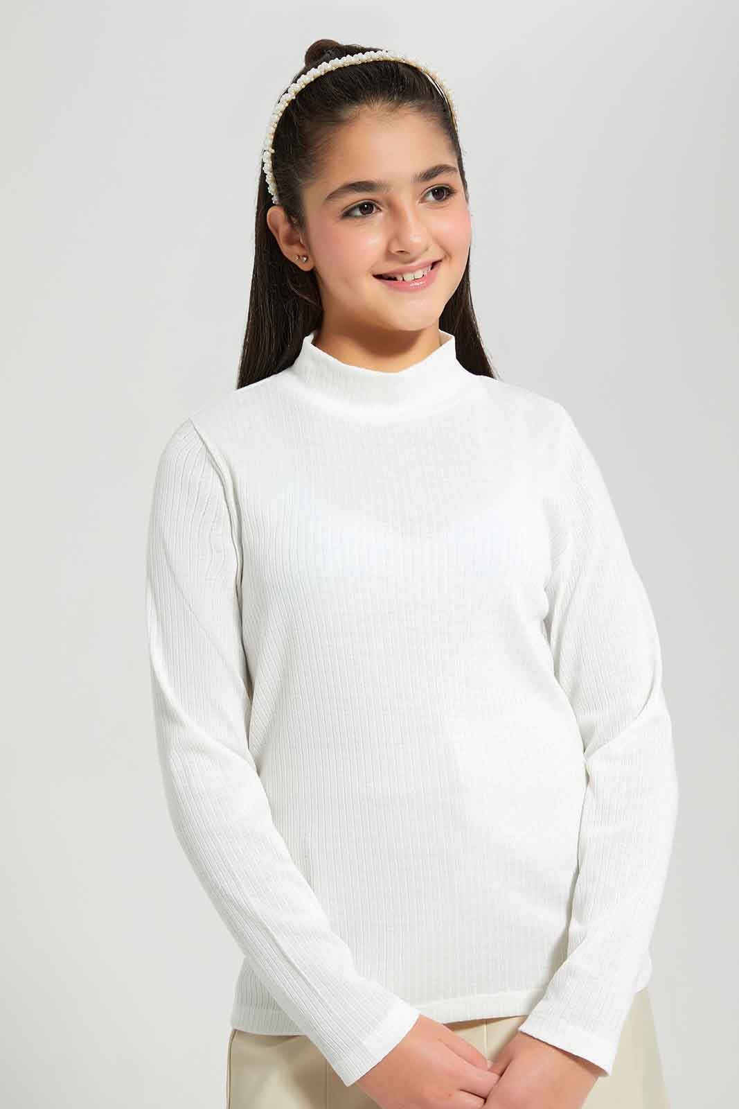 Redtag-White-Rib-Highneck-Top-Category:T-Shirts,-Colour:White,-Deals:New-In,-Filter:Senior-Girls-(8-to-14-Yrs),-GSR-T-Shirts,-New-In-GSR-APL,-Non-Sale,-Section:Girls-(0-to-14Yrs),-TBL,-W22B-Senior-Girls-9 to 14 Years