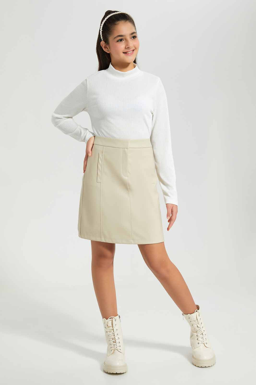 Redtag-White-Rib-Highneck-Top-Category:T-Shirts,-Colour:White,-Deals:New-In,-Filter:Senior-Girls-(8-to-14-Yrs),-GSR-T-Shirts,-New-In-GSR-APL,-Non-Sale,-Section:Girls-(0-to-14Yrs),-TBL,-W22B-Senior-Girls-9 to 14 Years