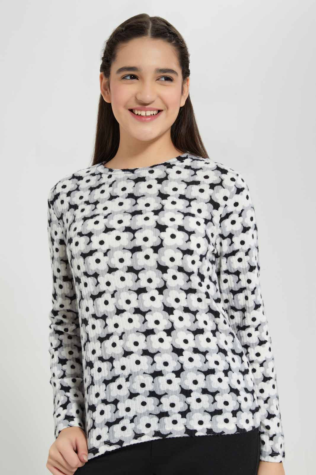 Redtag-Black-Floral-Rib-Highneck-Top-Category:T-Shirts,-Colour:Assorted,-Deals:New-In,-Filter:Senior-Girls-(8-to-14-Yrs),-GSR-T-Shirts,-New-In-GSR-APL,-Non-Sale,-Section:Girls-(0-to-14Yrs),-TBL,-W22B-Senior-Girls-9 to 14 Years