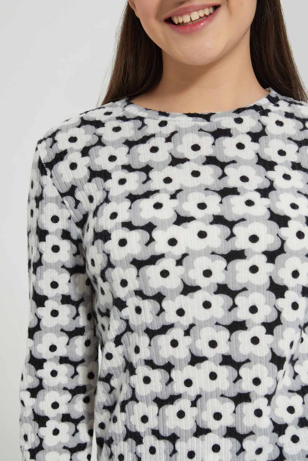 Redtag-Black-Floral-Rib-Highneck-Top-Category:T-Shirts,-Colour:Assorted,-Deals:New-In,-Filter:Senior-Girls-(8-to-14-Yrs),-GSR-T-Shirts,-New-In-GSR-APL,-Non-Sale,-Section:Girls-(0-to-14Yrs),-TBL,-W22B-Senior-Girls-9 to 14 Years