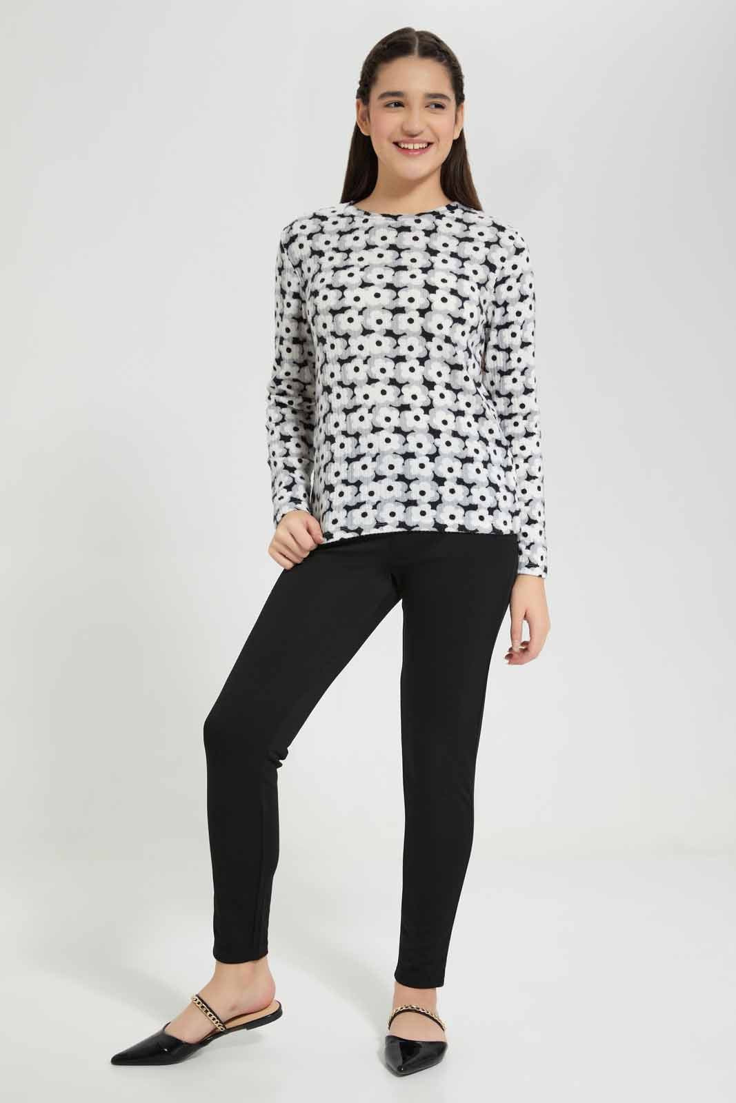 Redtag-Black-Floral-Rib-Highneck-Top-Category:T-Shirts,-Colour:Assorted,-Deals:New-In,-Filter:Senior-Girls-(8-to-14-Yrs),-GSR-T-Shirts,-New-In-GSR-APL,-Non-Sale,-Section:Girls-(0-to-14Yrs),-TBL,-W22B-Senior-Girls-9 to 14 Years