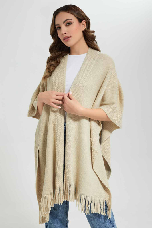 Redtag-Ivory-Lurex-Cable-Knit-Ponho-with-Fringes-Category:Cardigans,-Colour:Ivory,-Deals:New-In,-Filter:Women's-Clothing,-New-In-Women-APL,-Non-Sale,-Section:Women,-W22B,-Women-Cardigans-Women's-