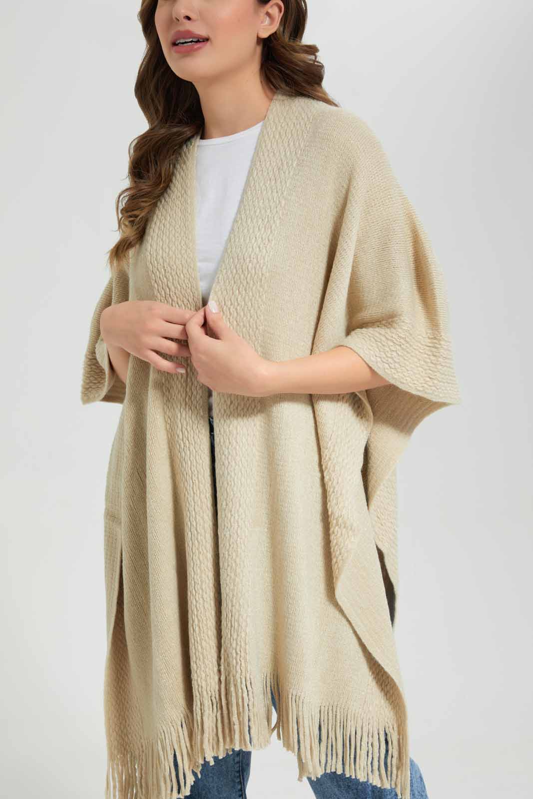 Redtag-Ivory-Lurex-Cable-Knit-Ponho-with-Fringes-Category:Cardigans,-Colour:Ivory,-Deals:New-In,-Filter:Women's-Clothing,-New-In-Women-APL,-Non-Sale,-Section:Women,-W22B,-Women-Cardigans-Women's-