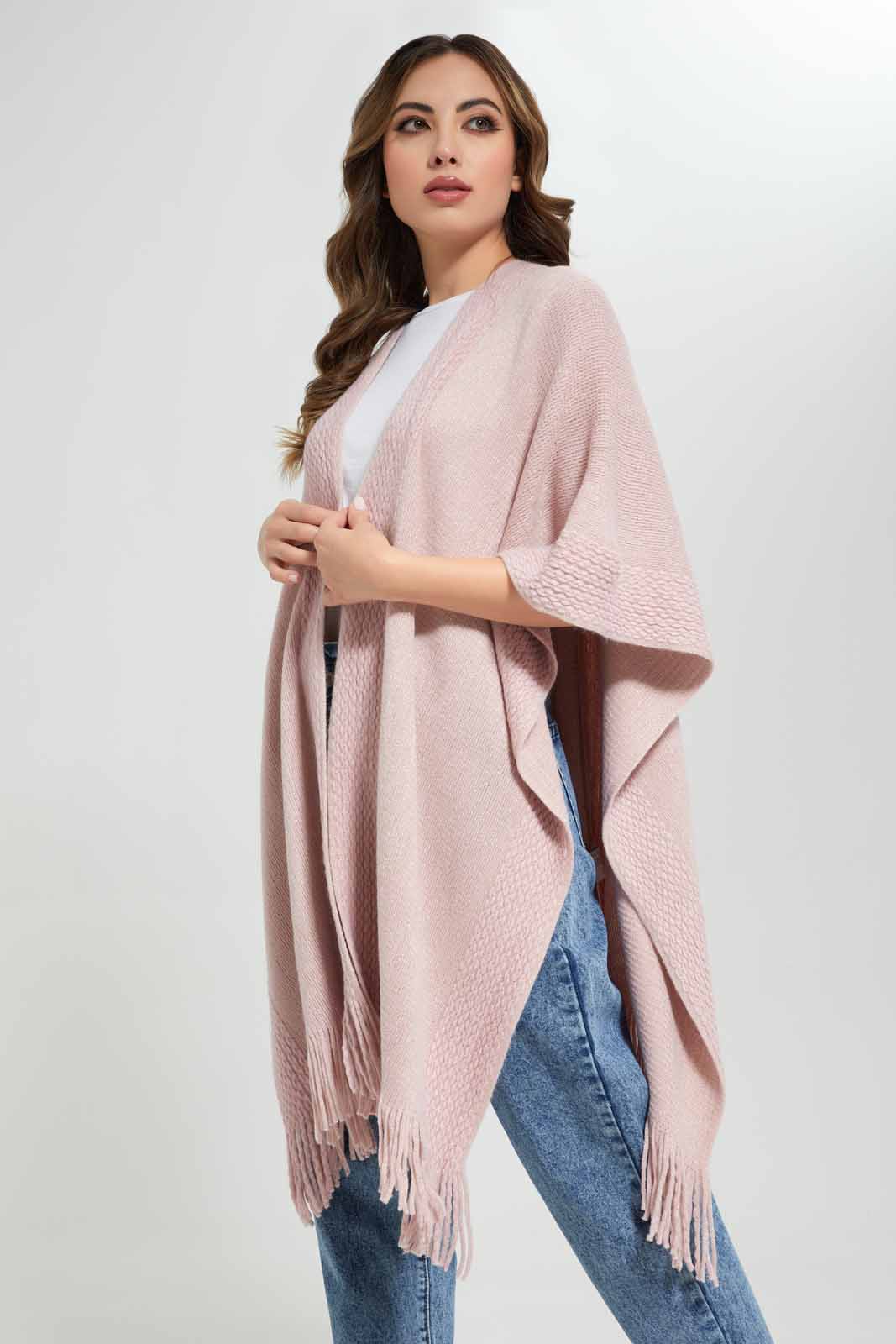 Redtag-Lurex-Cable-Knit-Ponho-with-Fringes-Category:Cardigans,-Colour:Assorted,-Deals:New-In,-Filter:Women's-Clothing,-New-In-Women-APL,-Non-Sale,-Section:Women,-W22B,-Women-Cardigans-Women's-